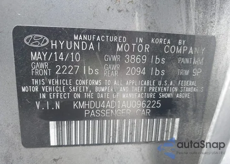2010 Hyundai Elantra Se z USA, uszkodzony, nr VIN KMHDU4AD1AU096225